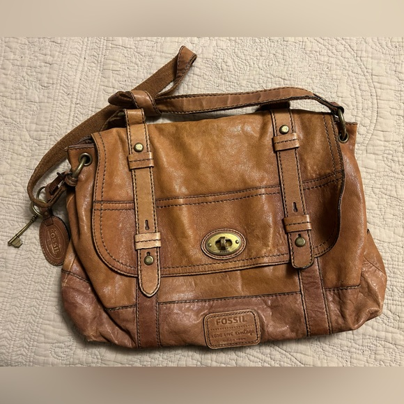 Fossil Real Brown Leather Bag Purse - Picture 1 of 3